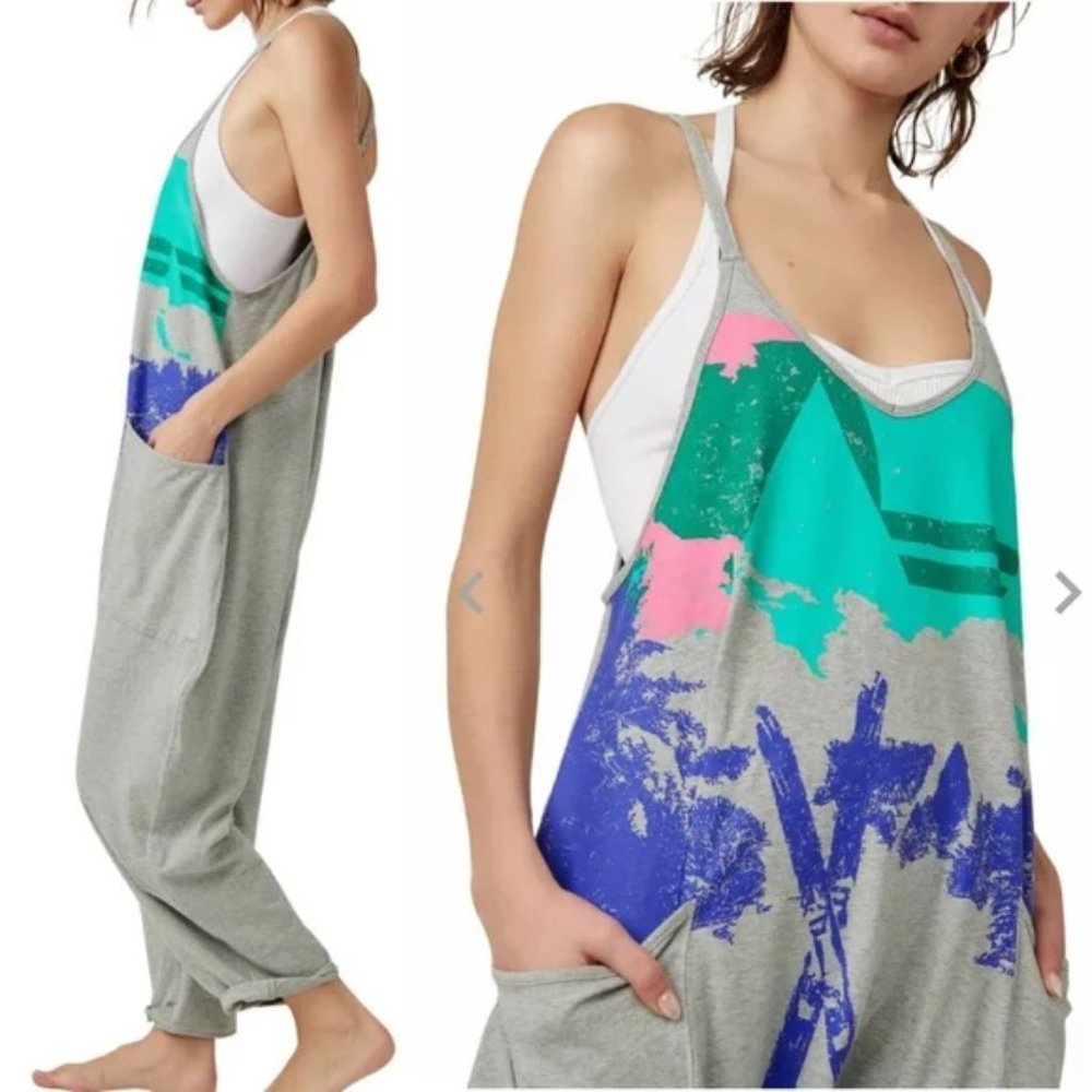 Free People FP Movement Hot Shot Onesie Ski Graphic Gray Printed Jumpsuit S